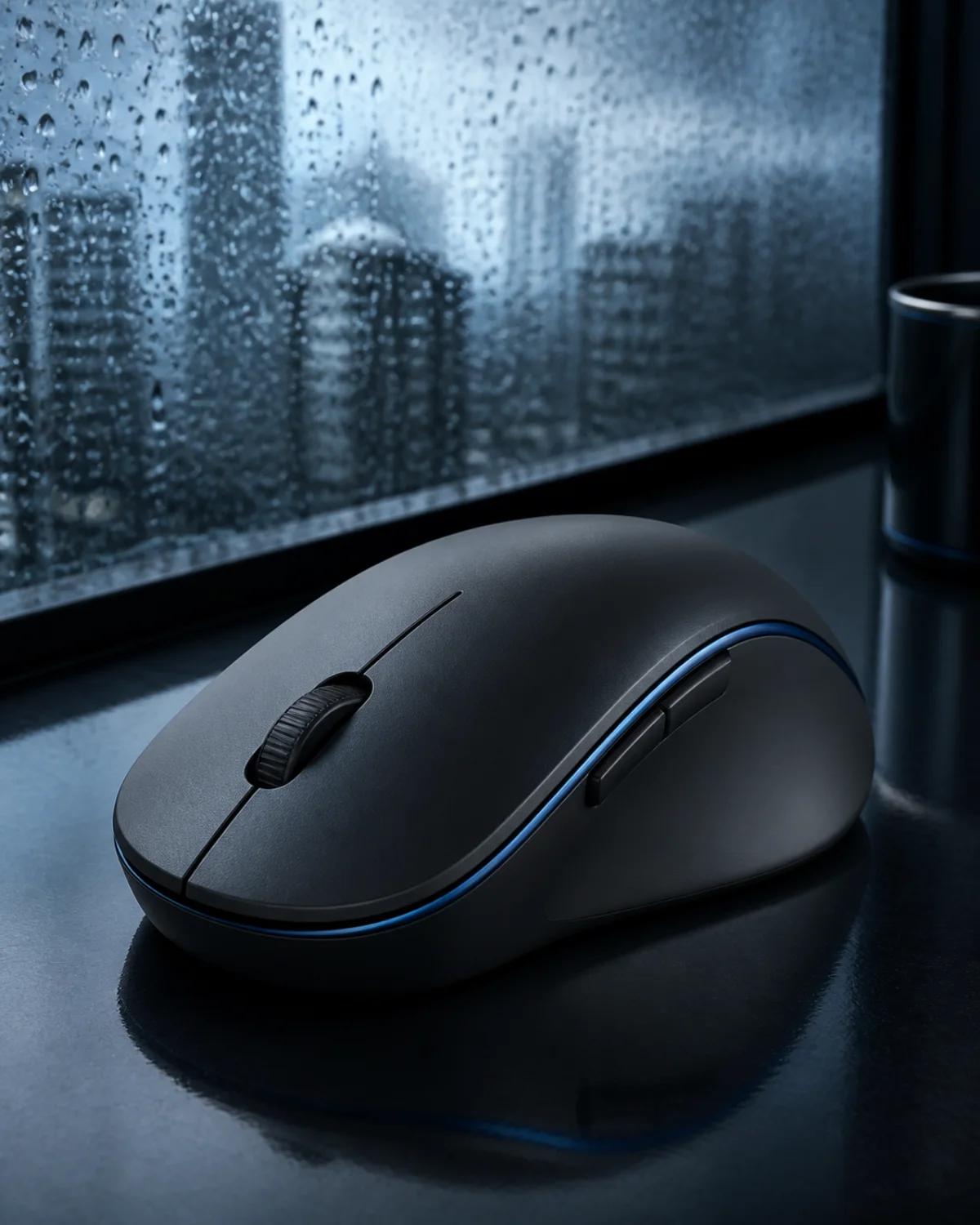 SilentClick Mouse on dark wet-glass inspired surface